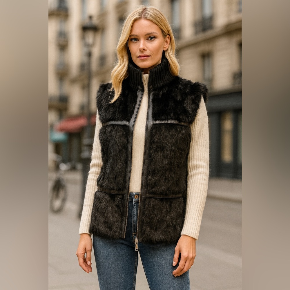 Vintage Rabbit and Leather Black Faux Fur Vest M/L